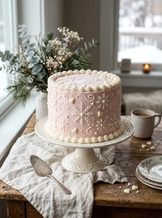 Pale pink Valentine's Day cake decorated with white snowflakes and chocolate hearts.