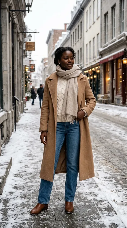 Black woman wearing a cream sweater, camel coat, blue jeans, and brown boots on a winter vacation.