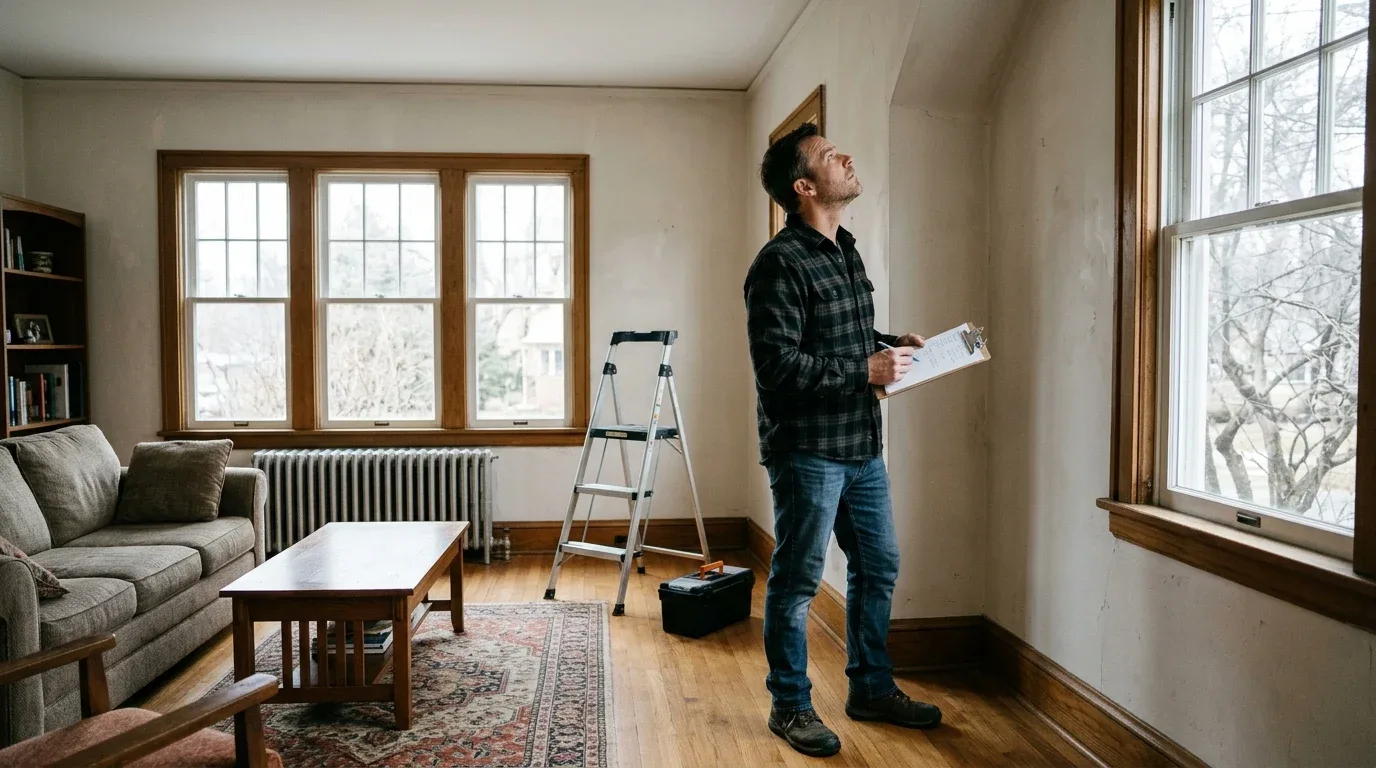 Homeowner inspecting walls and ceilings before starting a winter home upgrade