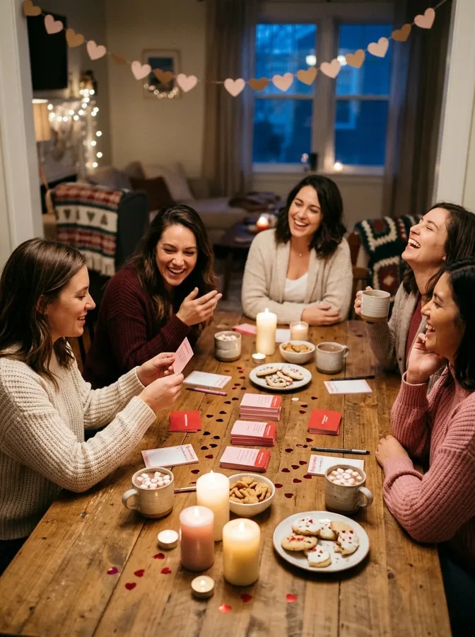 Friends playing a Galentine's Day trivia game at a cozy winter party.