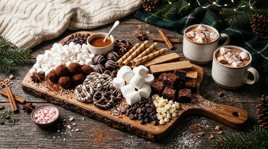 Winter hot chocolate dessert charcuterie board with marshmallows, brownies, chocolate treats, and sweet toppings.