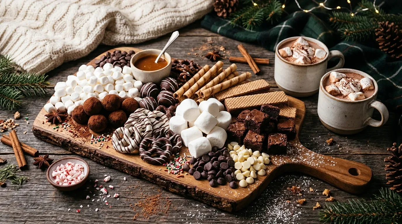 Winter hot chocolate dessert charcuterie board with marshmallows, brownies, chocolate treats, and sweet toppings.