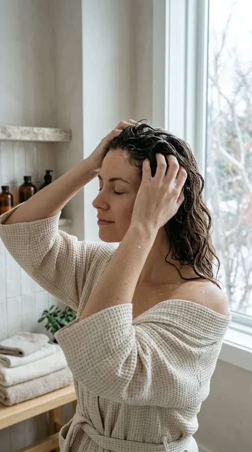 Woman gently massaging shampoo into her scalp as part of a winter hair-care routine.