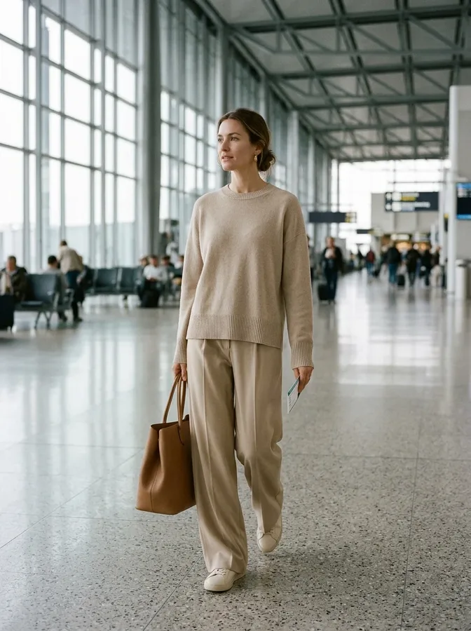 Beige monochrome winter airport outfit with a knit sweater, wide-leg trousers, cream sneakers, and a structured tan tote.