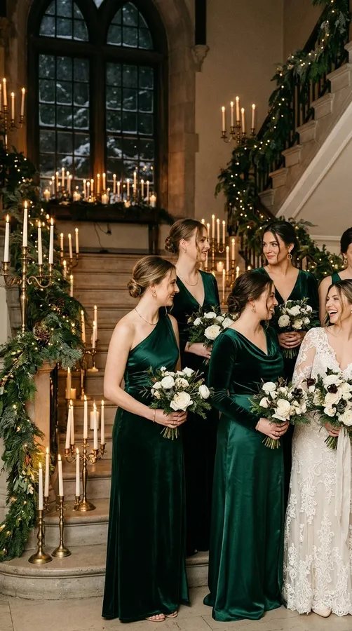 Emerald green bridesmaid dresses styled with white bouquets and elegant winter wedding decor.