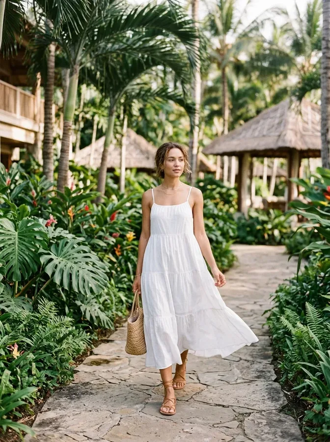 White sundress with tan strappy sandals styled for a tropical vacation.