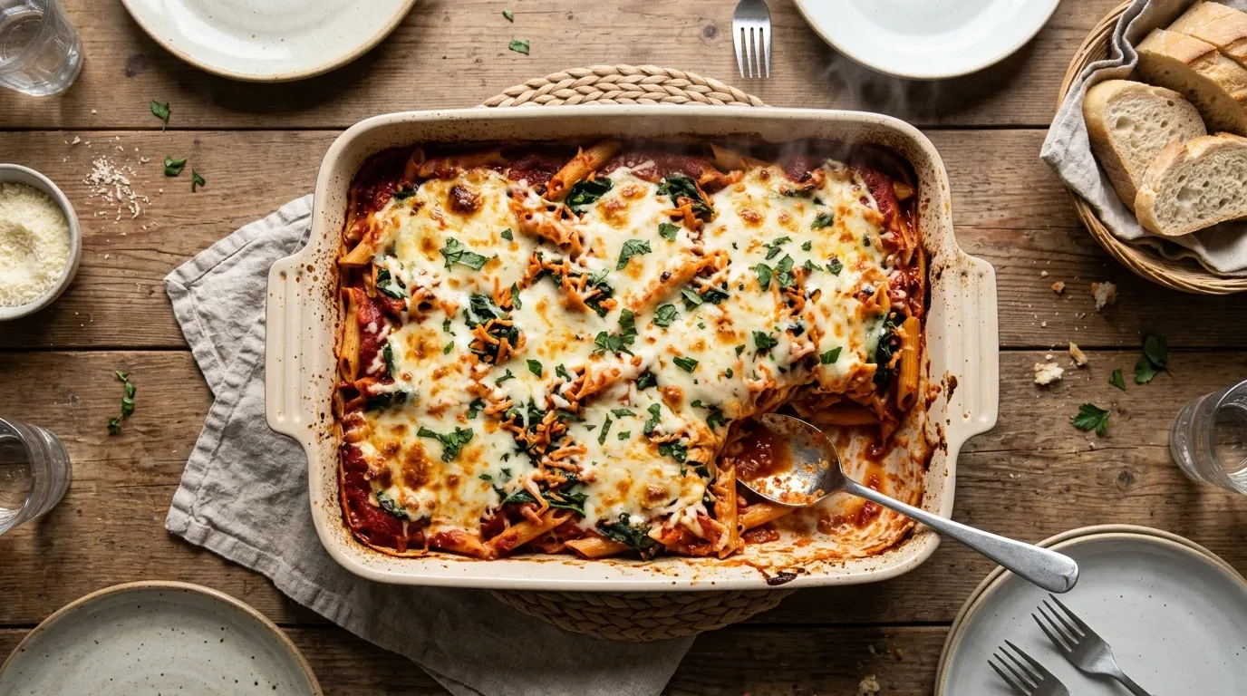 Cheesy baked pasta casserole with melted mozzarella, tomato sauce, spinach, and carrots.