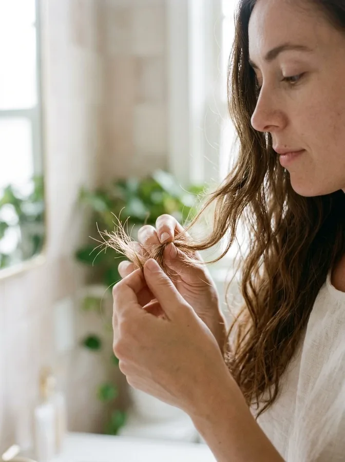 Woman examining split ends and hair breakage in natural light.