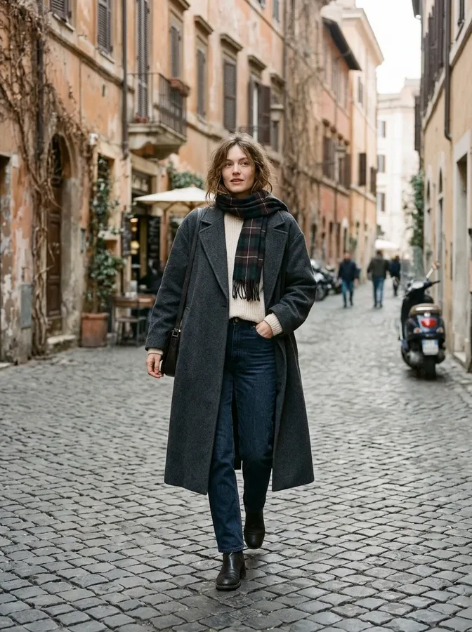 Camel wool coat, black turtleneck, tailored trousers, and ankle boots styled for an elegant Italian winter vacation.