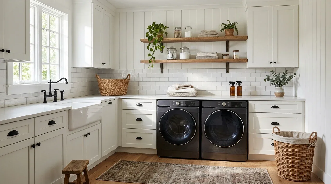 Farmhouse laundry room with white shaker cabinets, black hardware, and front-loading appliances.