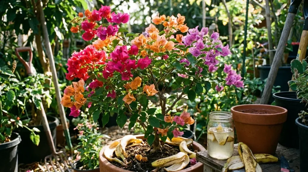Healthy plant being watered with homemade banana peel water