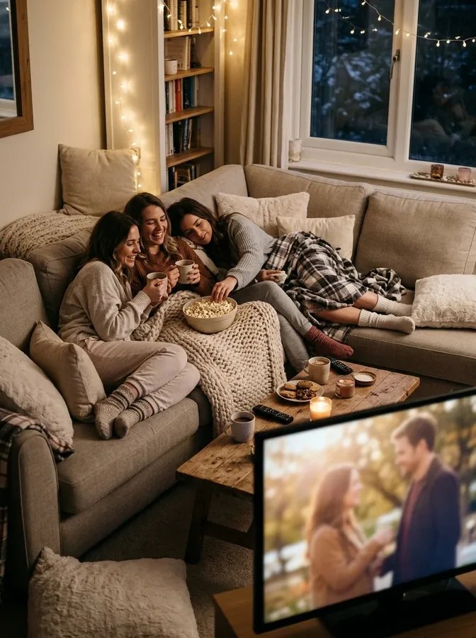 Friends enjoying a cozy winter movie marathon with blankets, popcorn, and warm fairy lights.