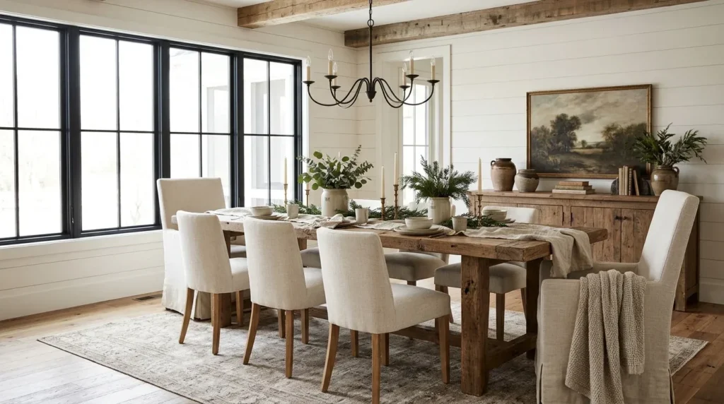 Rustic farmhouse dining room with a reclaimed wood table, cream chairs, and understated winter greenery.