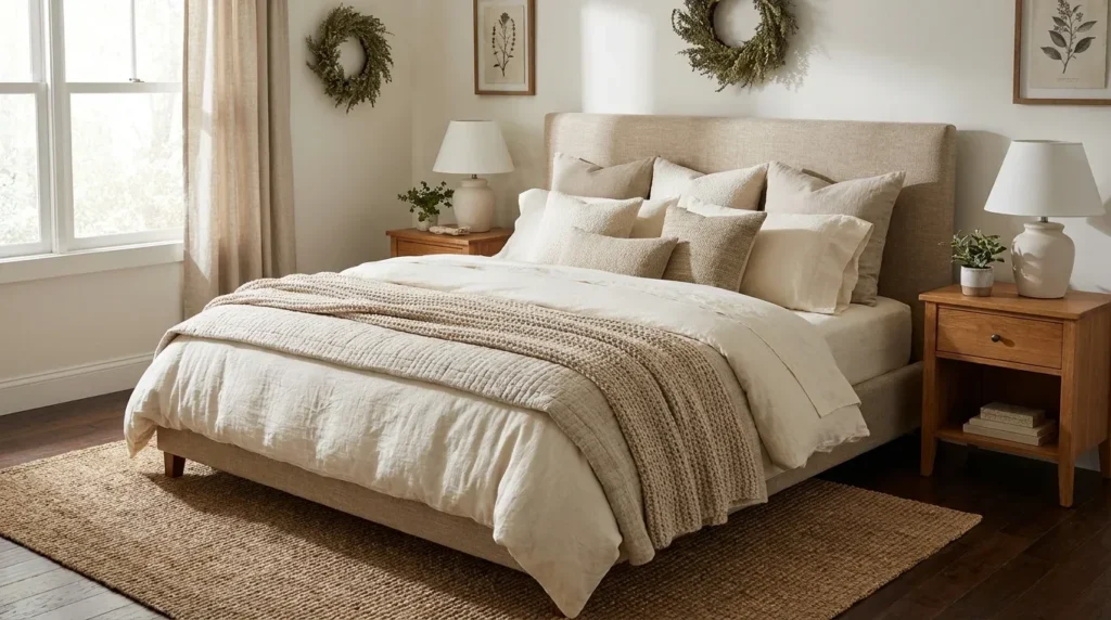 Studio McGee-inspired winter bedroom with layered ivory bedding, a chunky neutral throw, and warm wooden nightstands.