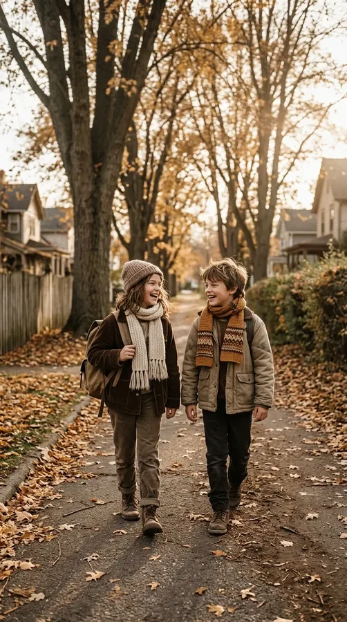 Two childhood friends walking together on a leafy neighborhood path in warm autumn light.