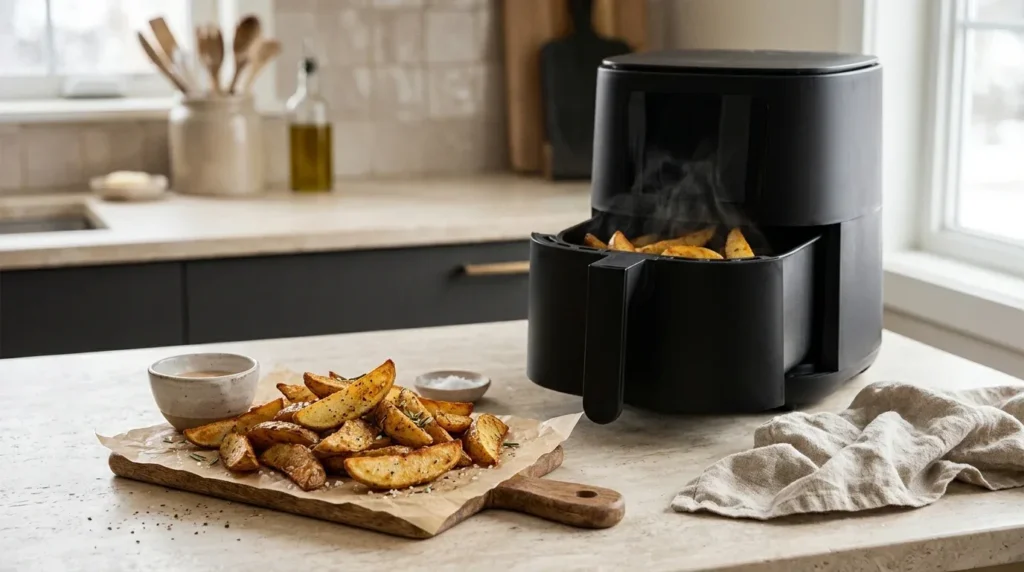 Basket air fryer on a cozy winter kitchen counter with golden potato wedges.