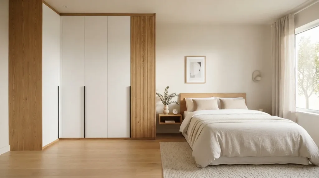 Modern white and natural oak two-colour wardrobe in a bright Scandinavian bedroom