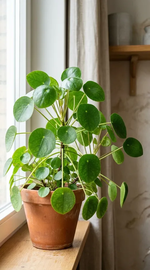 Healthy Chinese money plant with round green leaves growing in a terracotta pot.