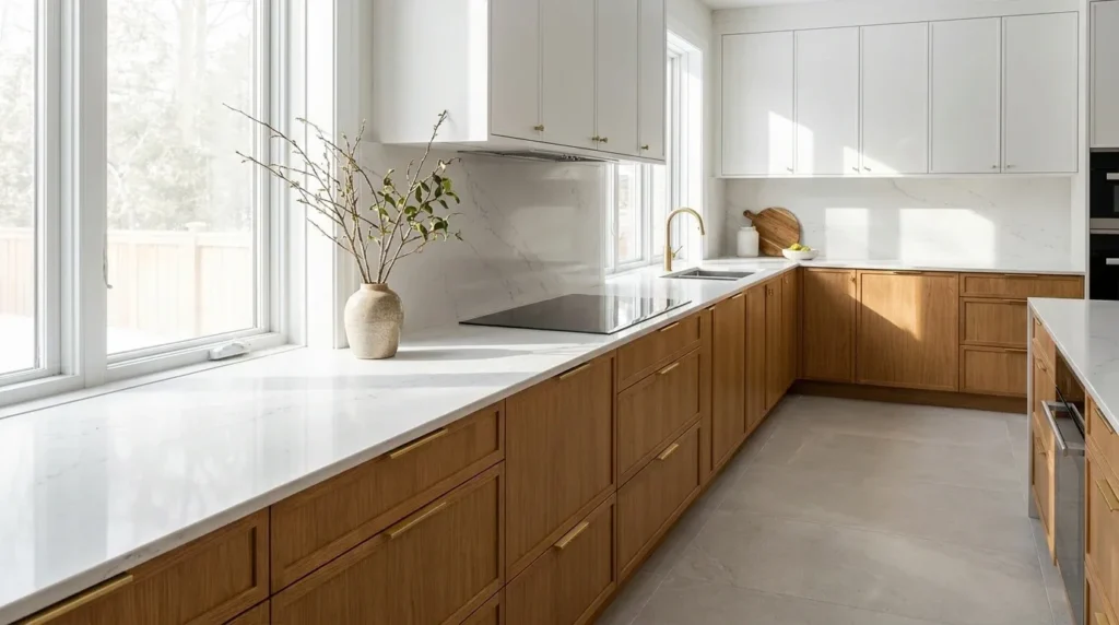Modern kitchen with a white quartz countertop and warm oak cabinets.