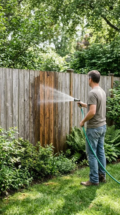 Homeowner gently rinsing a wooden backyard fence with a garden hose.