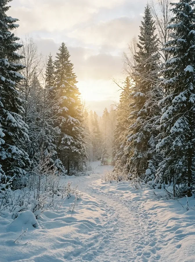 A peaceful snow-covered forest illuminated by soft morning sunlight, symbolizing the temporary nature of winter.