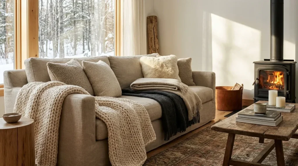 Cream chunky knit throw and soft layered blankets on a cozy neutral winter sofa.