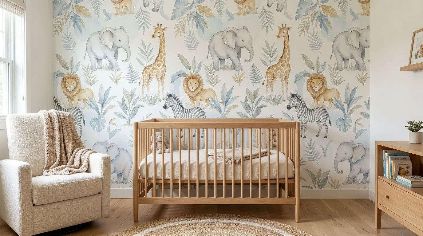 Neutral winter safari nursery with warm beige, ivory, sage, and natural wood accents.