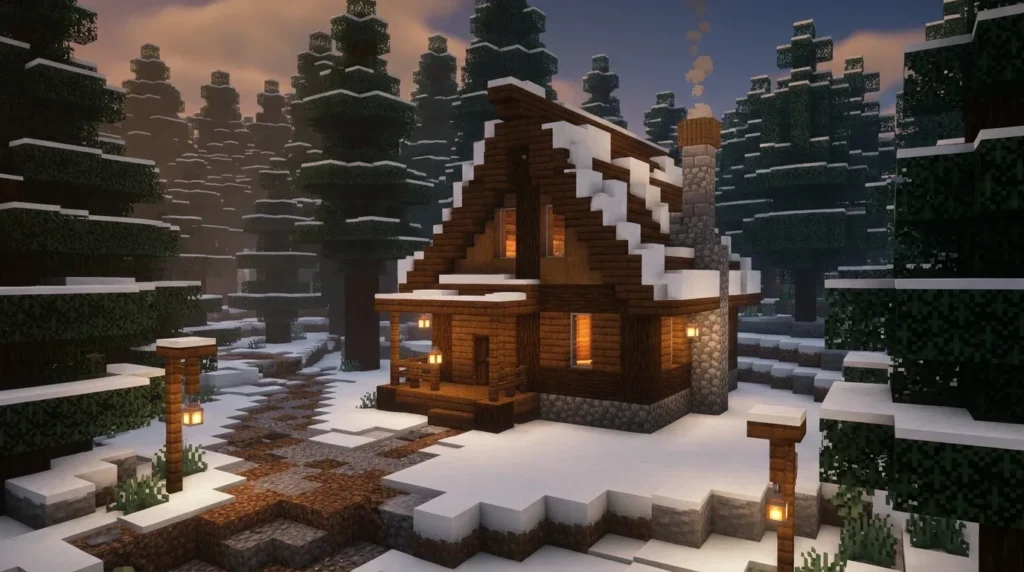 Classic spruce log Minecraft winter cabin with a snowy roof, glowing windows, stone chimney, and lantern-lit porch.