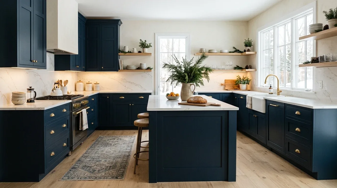 Deep navy blue kitchen cabinets with brass hardware, white countertops, and warm winter lighting.