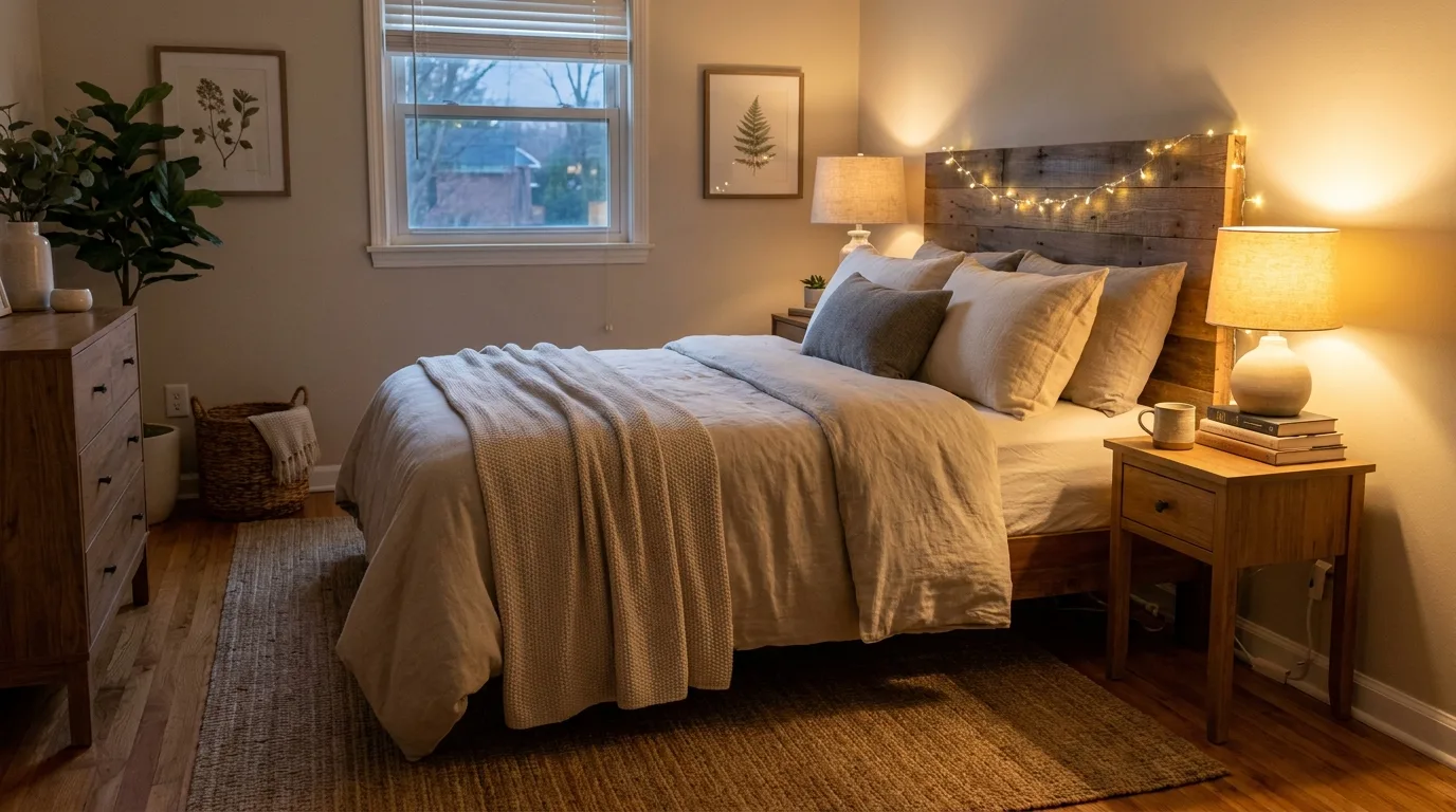 Small bedroom with a sage green accent wall, neutral bedding, and simple coordinated decor.