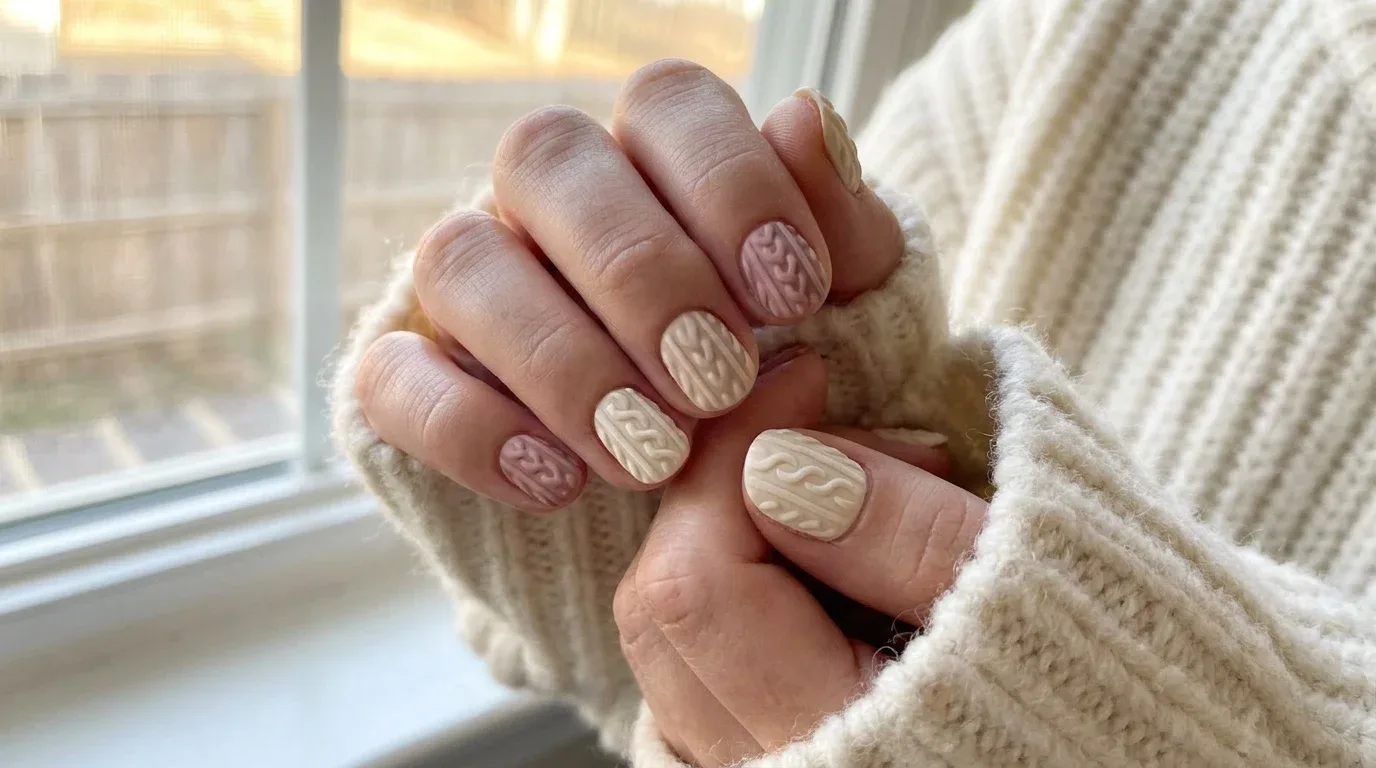 Cream and dusty pink winter nails featuring textured cable-knit sweater patterns and a matte finish.