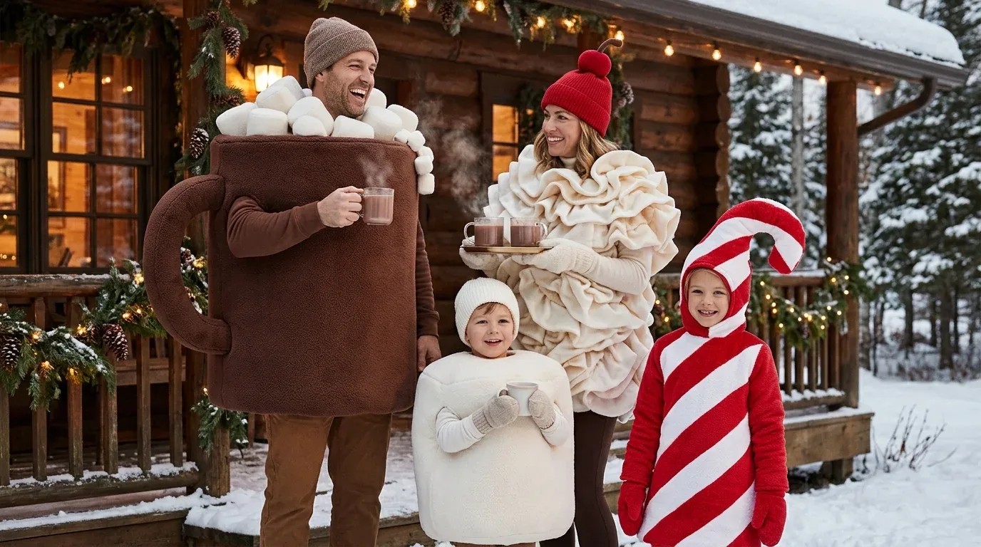 Creative family hot chocolate costumes with marshmallow, candy cane, and whipped cream outfits.
