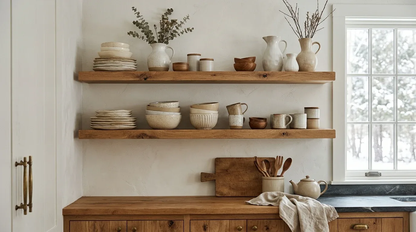 Cream and beige ceramic dishes arranged beautifully on cozy winter kitchen shelves.