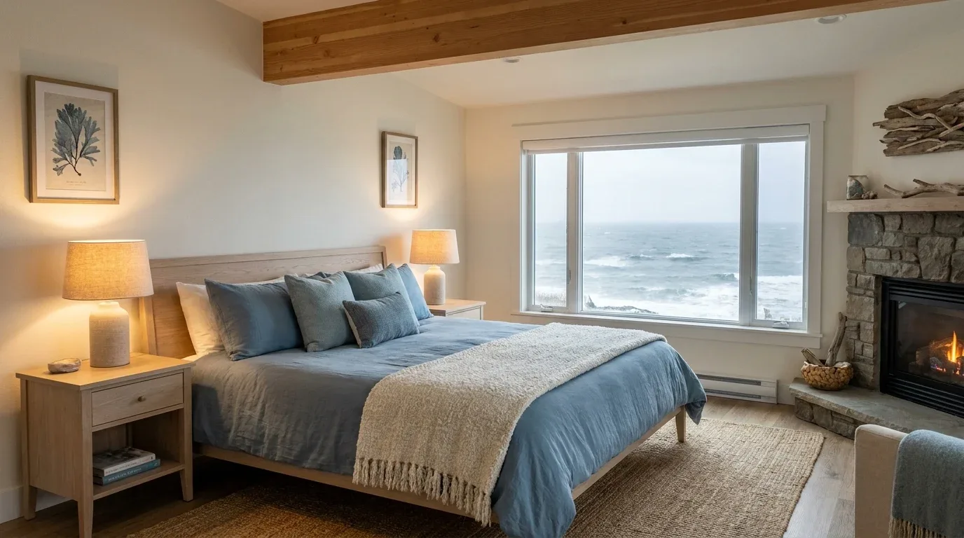 Soothing coastal bedroom with dusty blue bedding, warm white walls, and natural oak furniture.