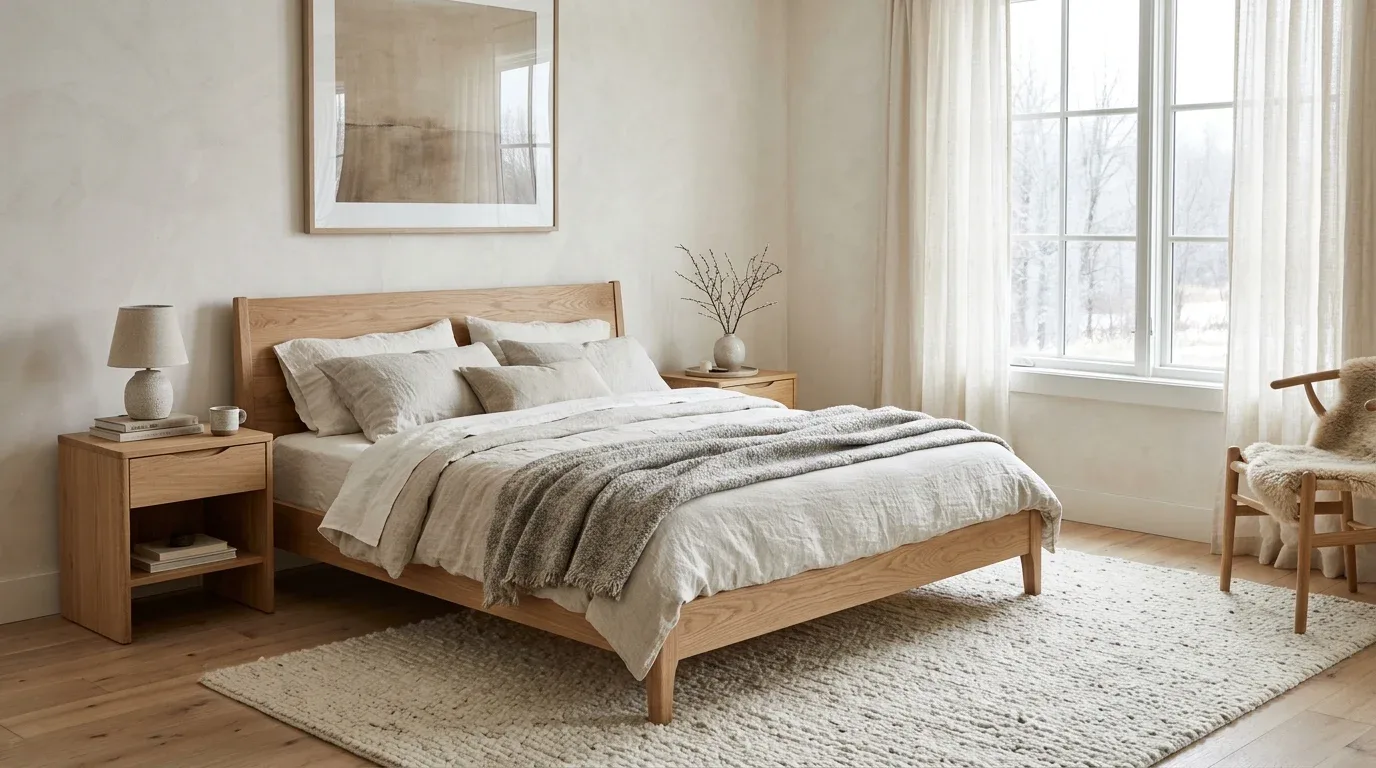 Scandinavian bedroom with natural oak furniture and cozy neutral winter bedding.