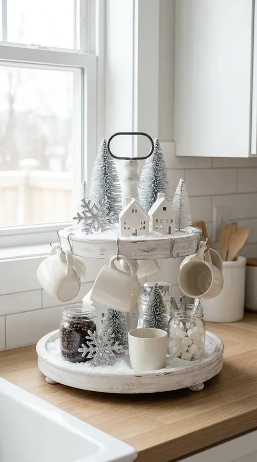 White winter wonderland coffee tray with frosted trees, ceramic houses, and ivory mugs.