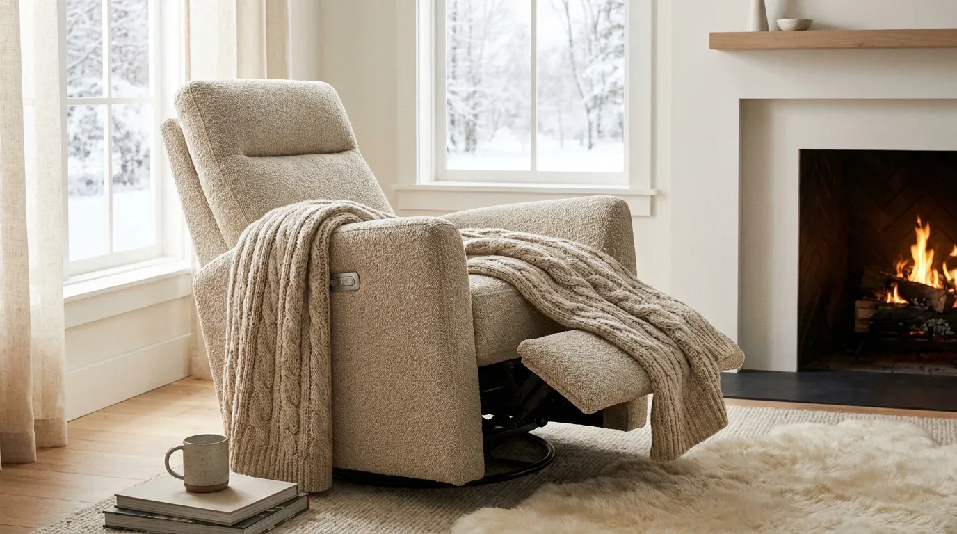 Cozy winter relaxation corner with a swivel rocker, soft blanket, warm lighting, and side table.