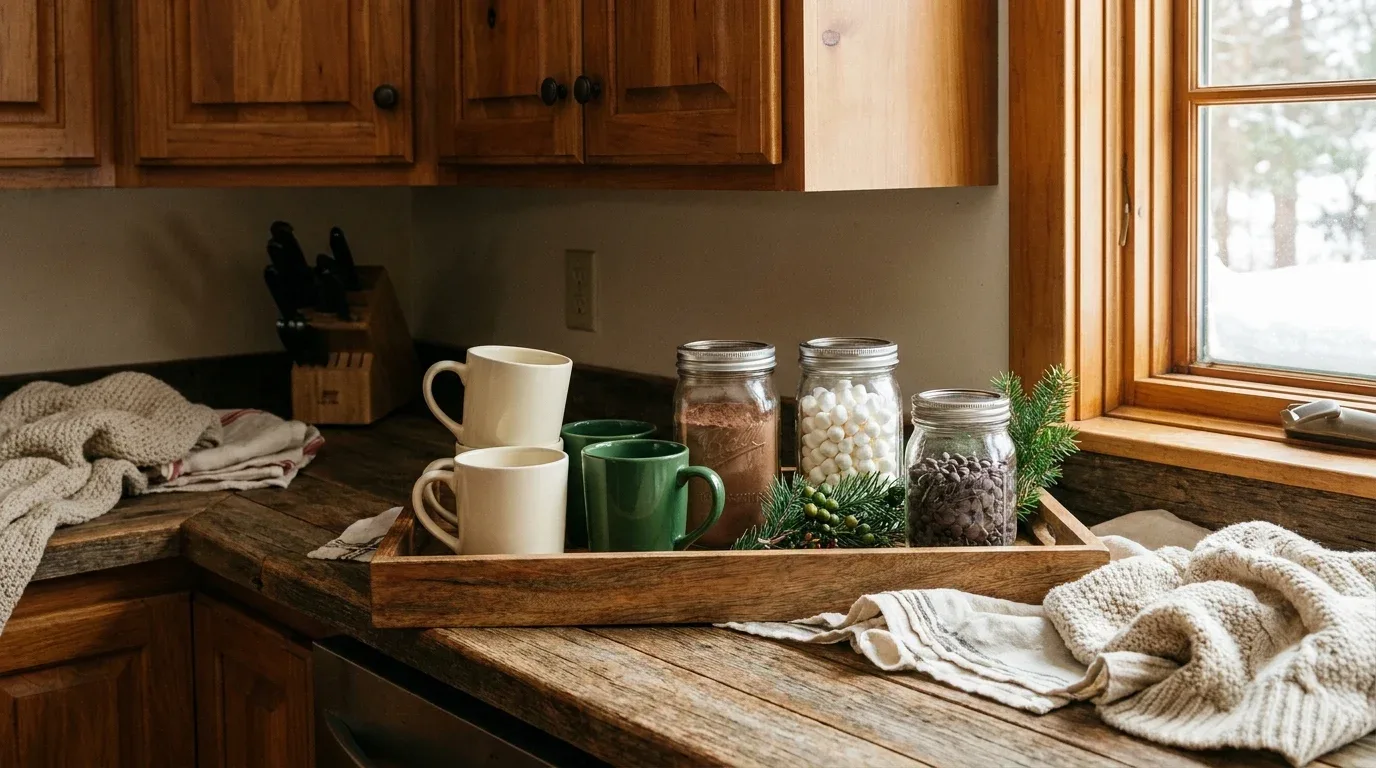Winter hot chocolate station with mugs and jars of cocoa and marshmallows