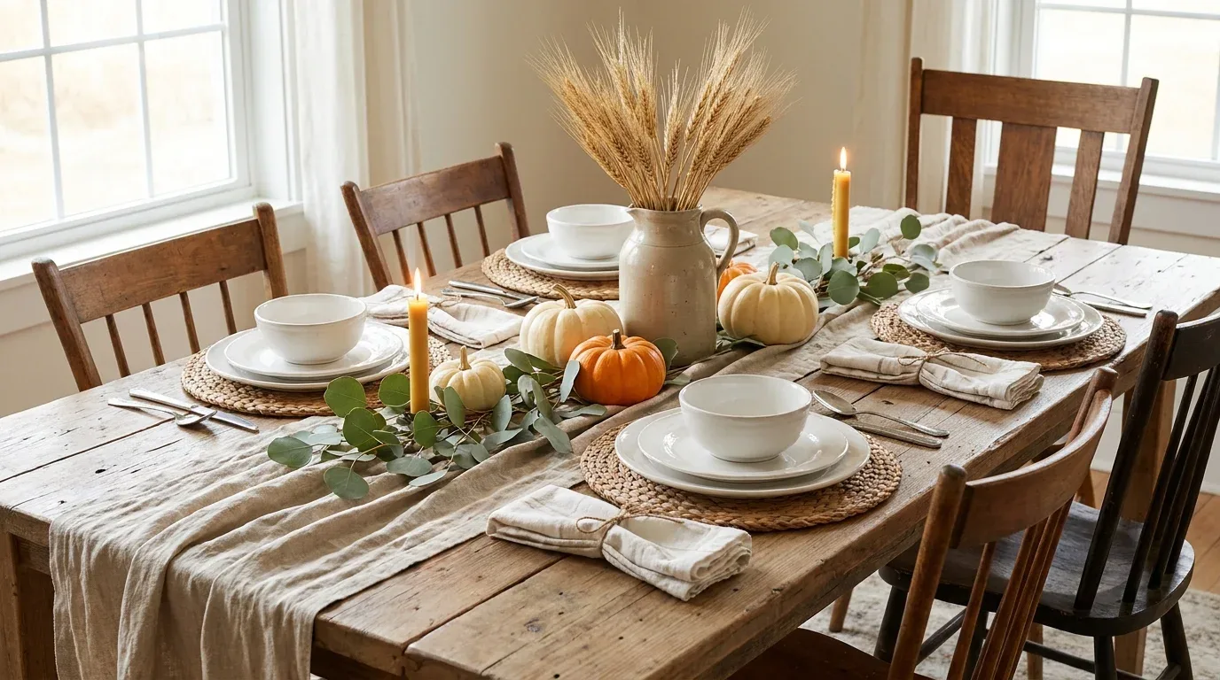 Rustic farmhouse Thanksgiving tablescape with wood, woven placemats, pumpkins, and dried wheat.