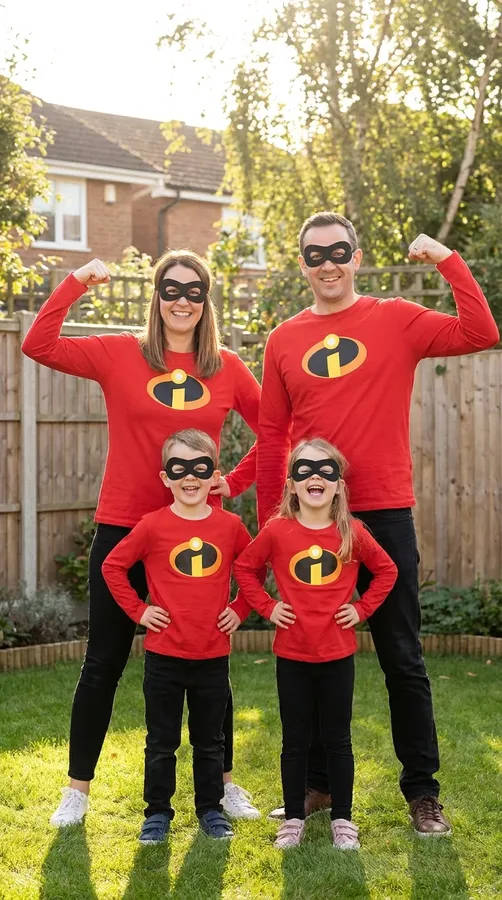 Family dressed in coordinated red and black superhero costumes inspired by The Incredibles.