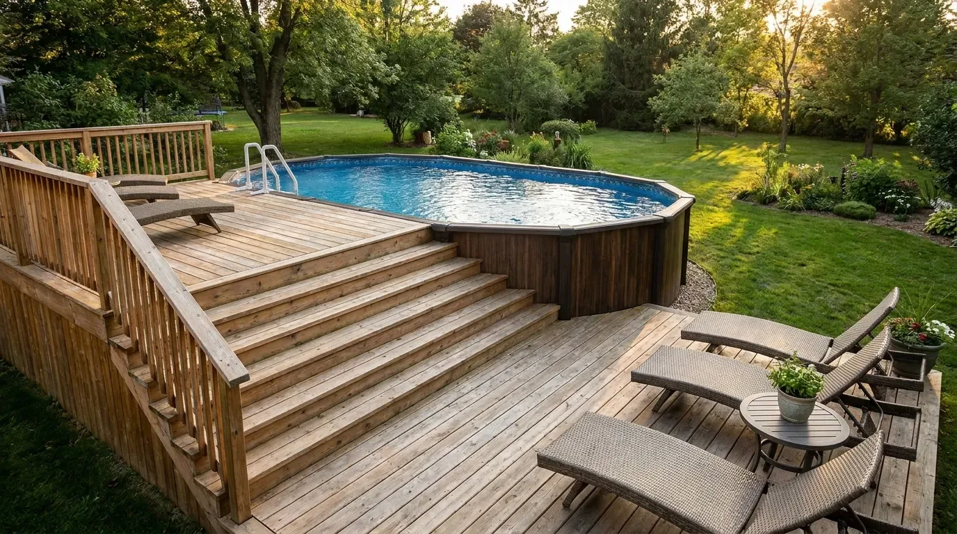 Modern rectangular above-ground pool surrounded by minimalist paving and ornamental grasses.