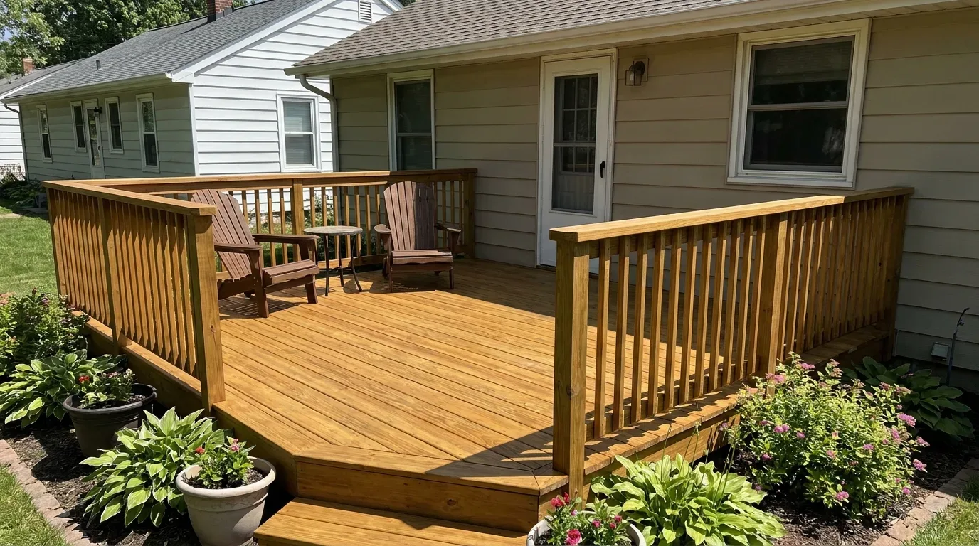 Small floating backyard deck with simple seating and greenery