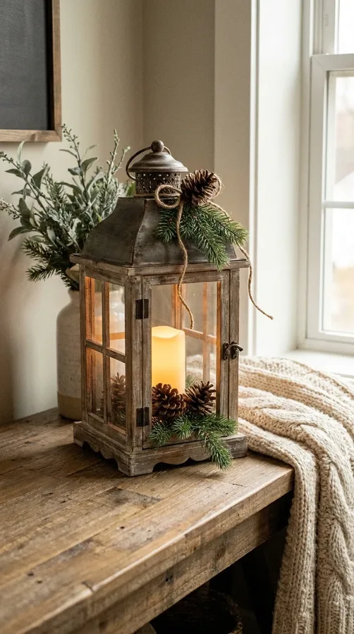 Rustic farmhouse Christmas lantern decorated with pinecones, evergreen branches, and natural twine.