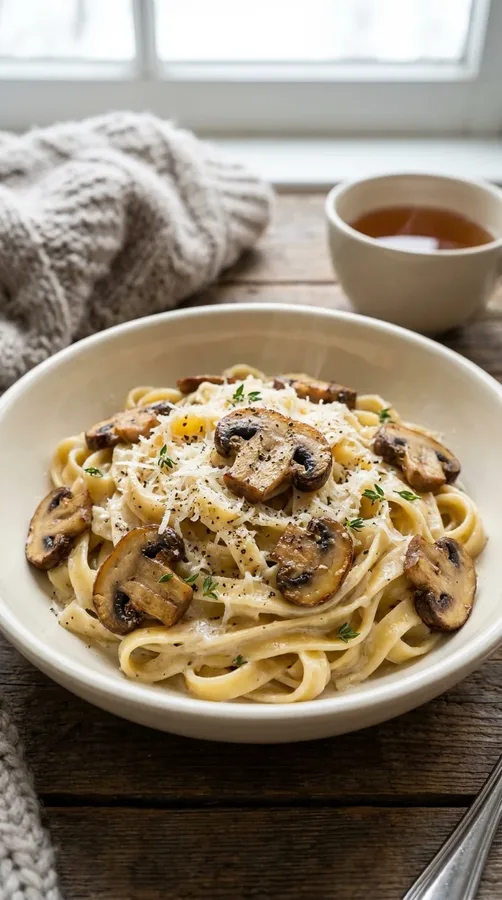 Creamy mushroom pasta with garlic Parmesan sauce, golden mushrooms, and fresh thyme.
