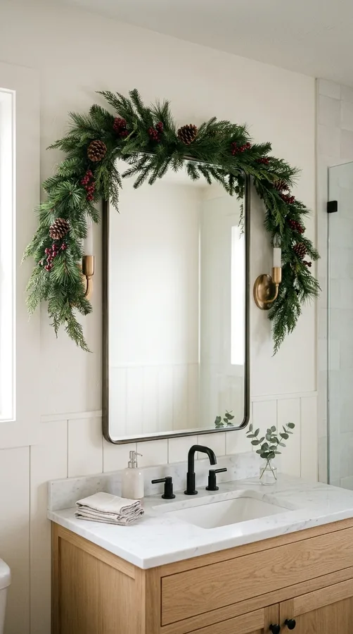 Miniature evergreen Christmas trees in ceramic pots decorating a bathroom vanity.