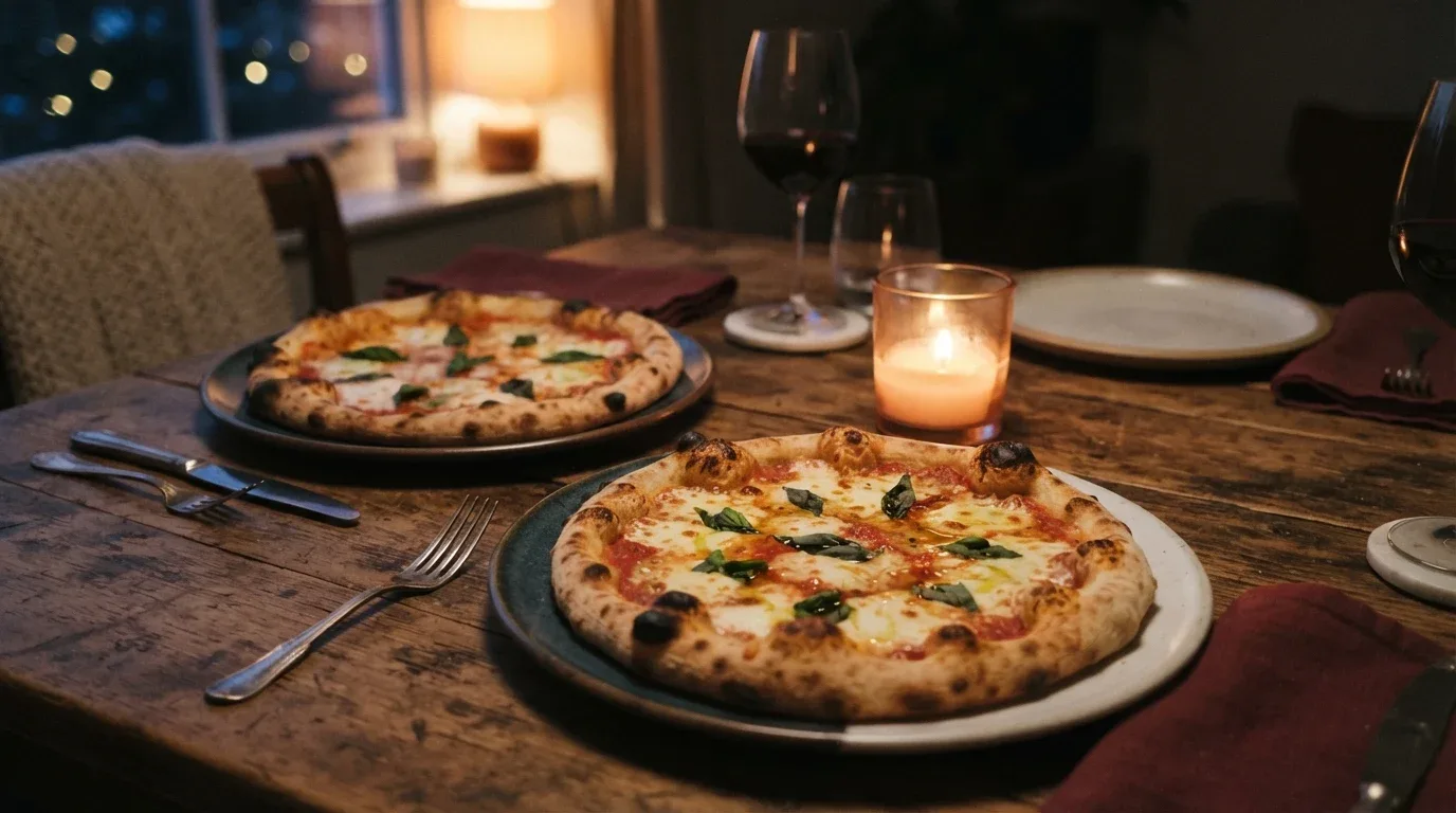 Two homemade Margherita pizzas with fresh basil and melted mozzarella for a romantic dinner.