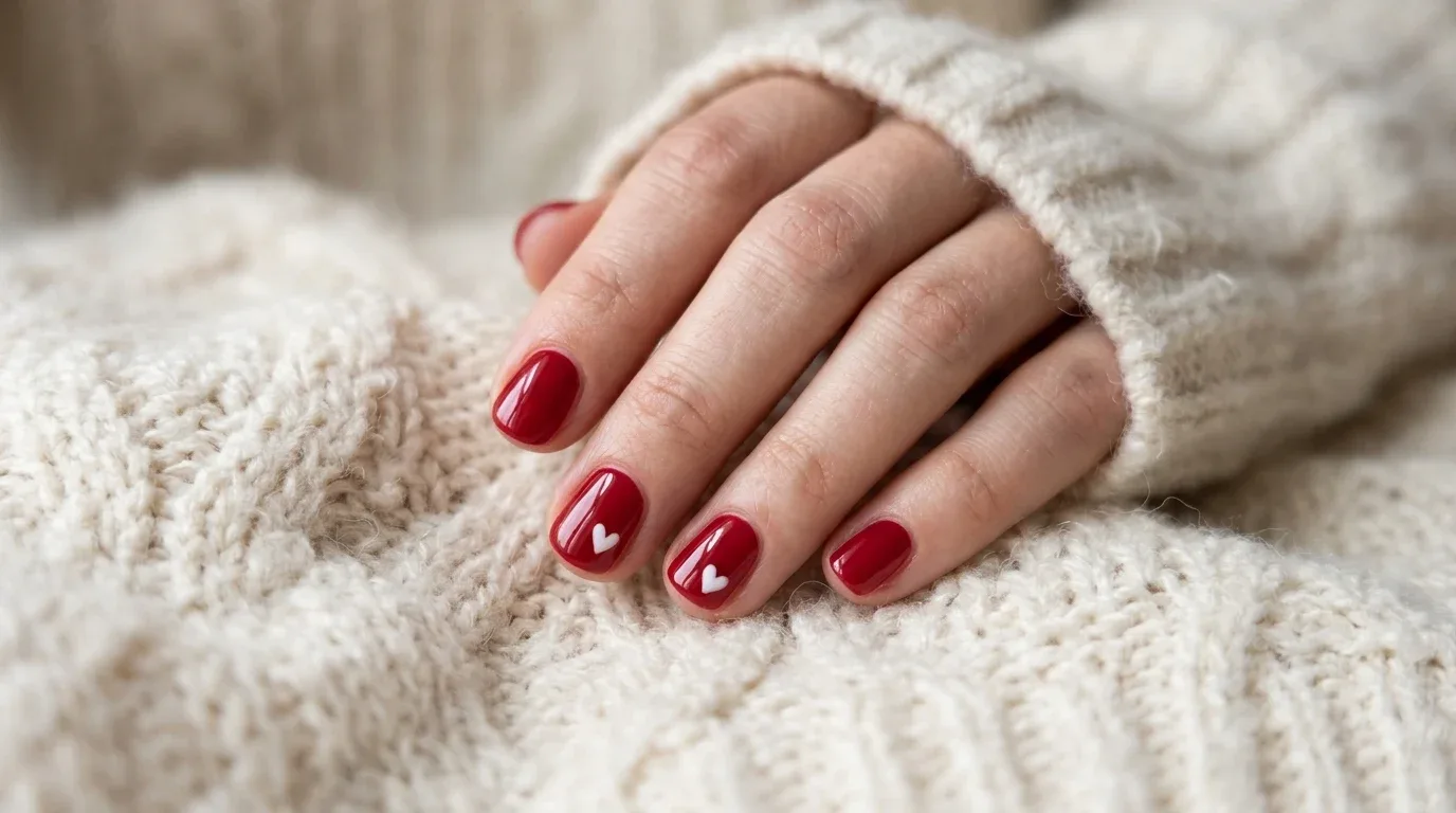 Glossy red Valentine's nails decorated with tiny white hearts for a cute romantic manicure.