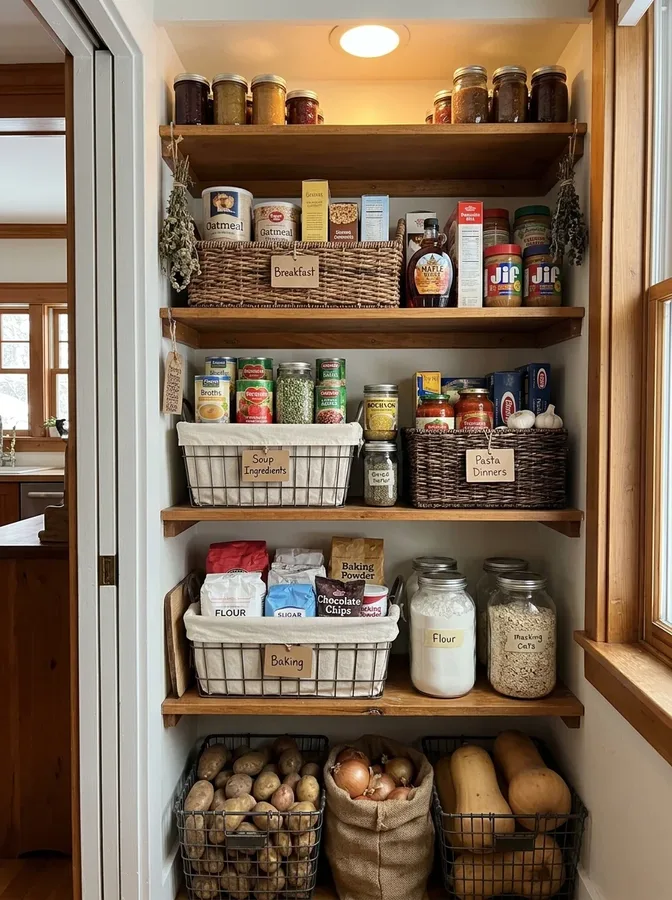Shelf risers create extra vertical storage for cans and spices in a small pantry.