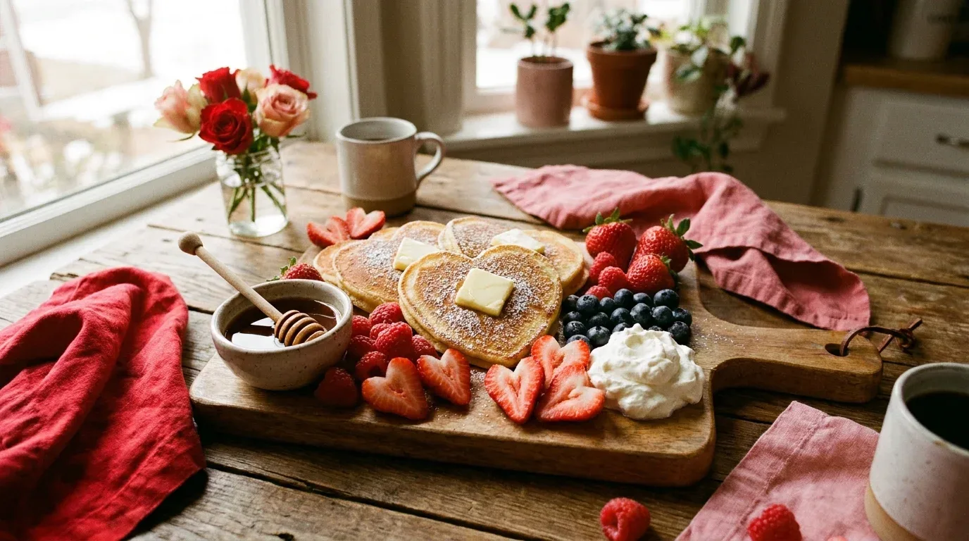 Strawberries, chocolate-dipped berries, chocolate croissants, and chocolate spread on a romantic breakfast board.