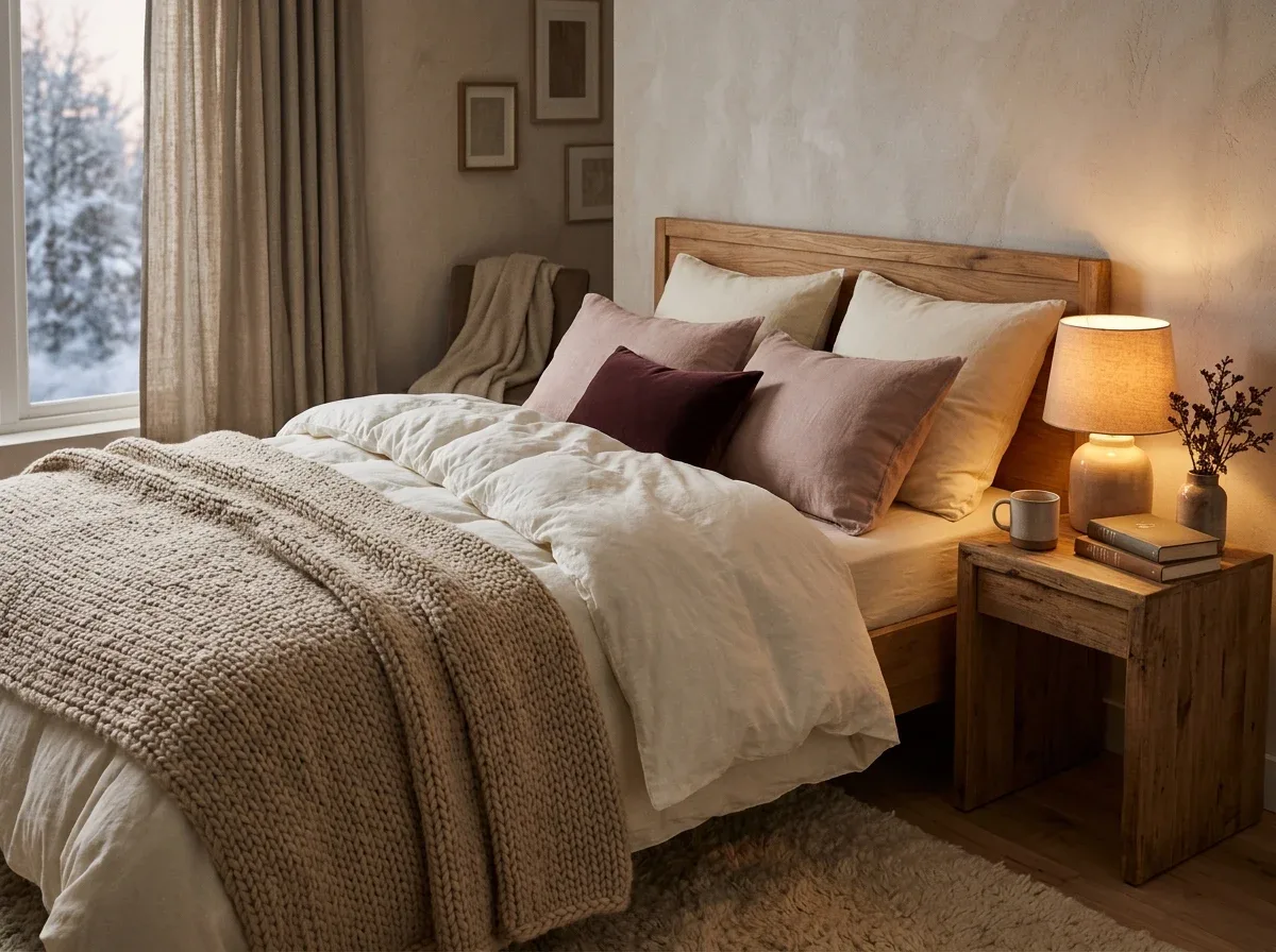 Cozy winter bedroom with layered cream bedding, a chunky knit blanket, and blush romantic pillows.